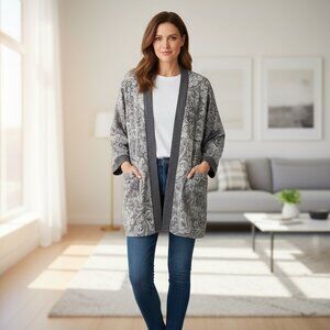 NWT Simple by Susan Betro Paisley Knit Cardigan Medium Grey White Soft Layering